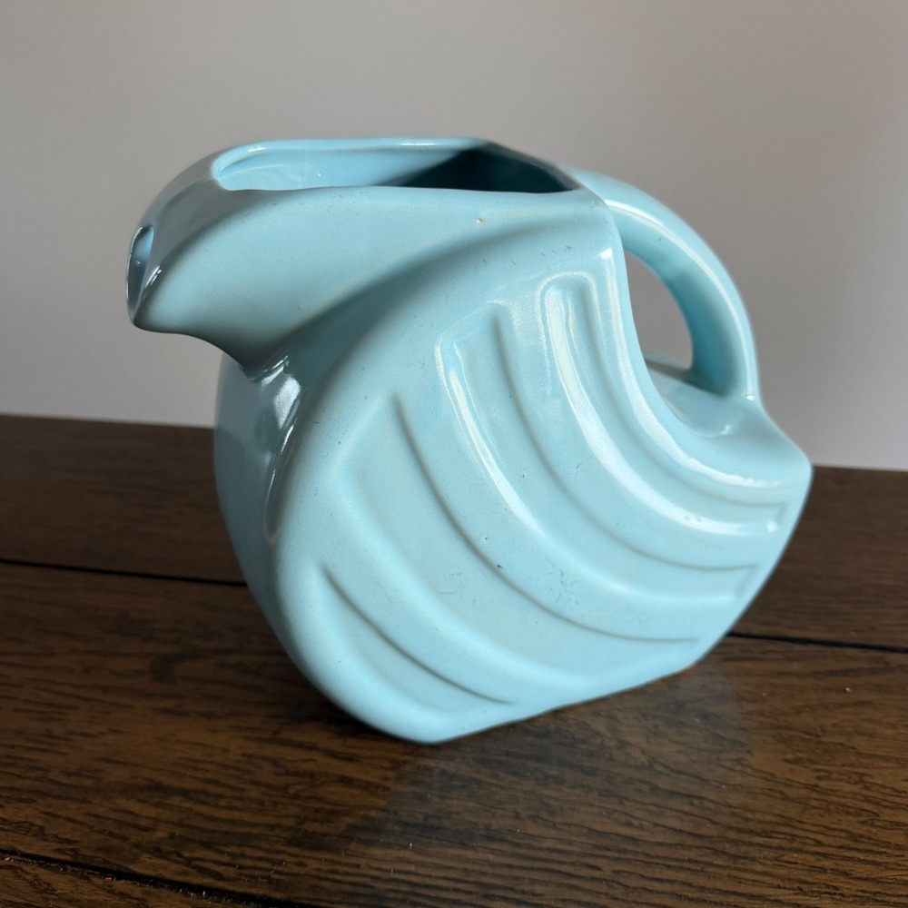 Vintage Alamo Pottery Ceramic Pitcher Shell Ribbed Light Blue Art Deco MCM